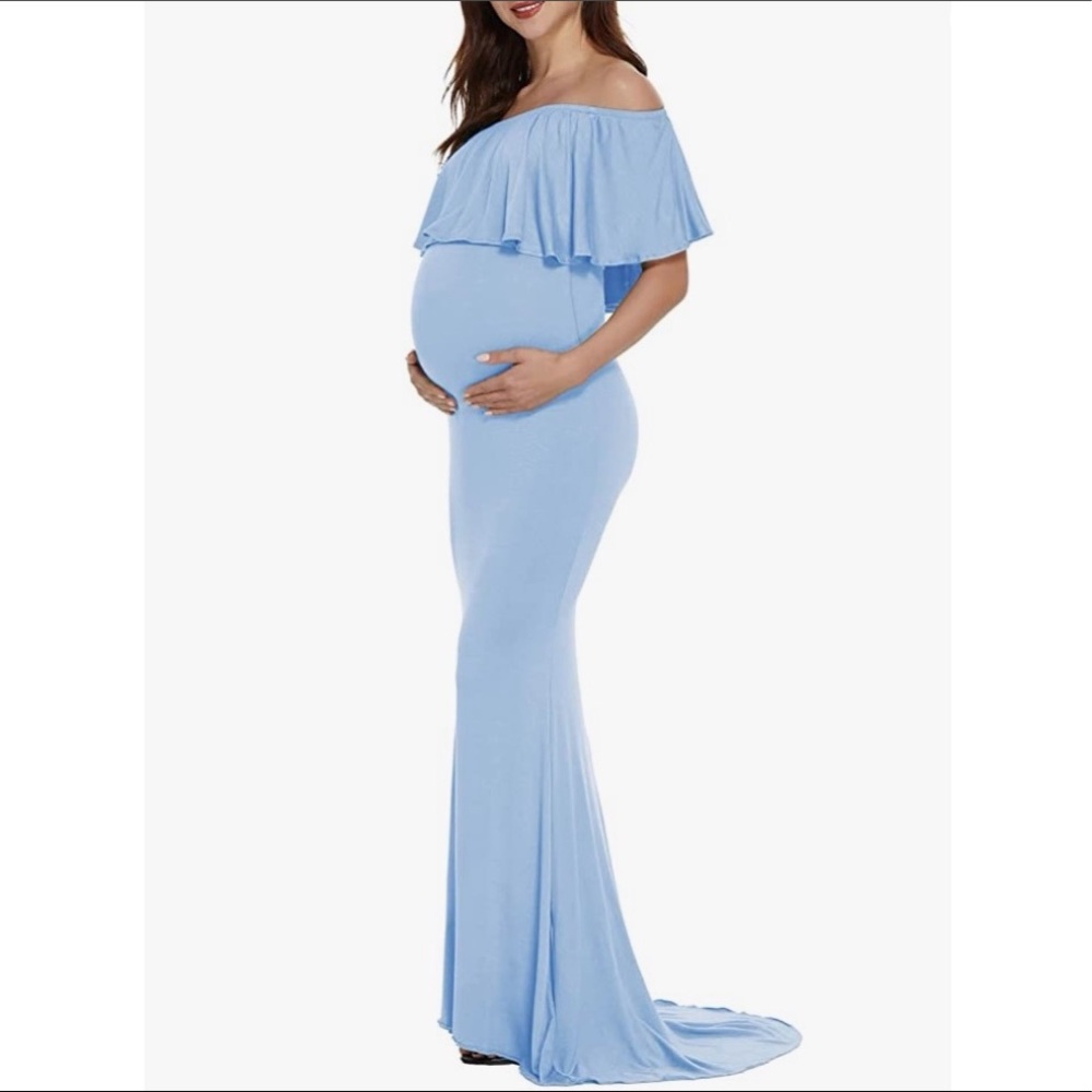 Blue Off shoulder maternity dress mama ruffles